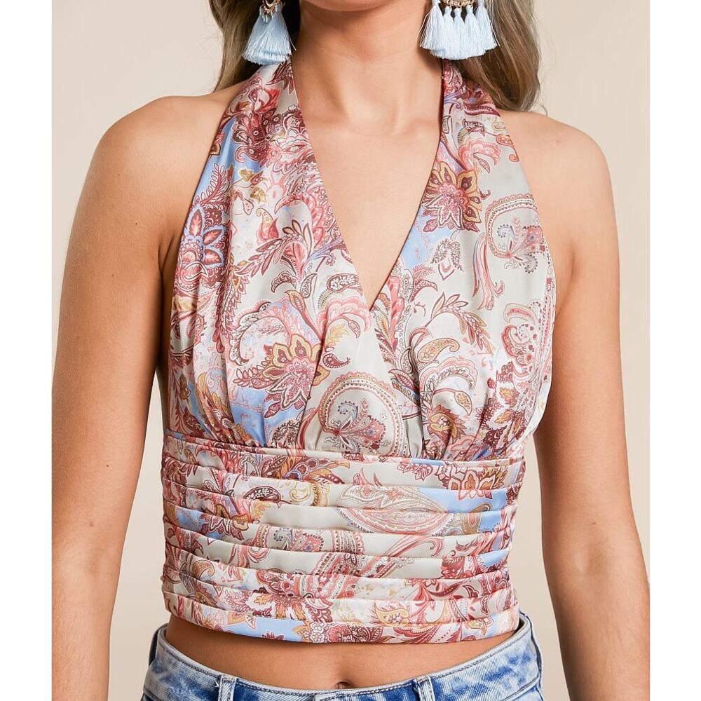 WILLOW & ROOT Taupe Pink Blue Paisley Satin Cropped Halter V-Neck Halter Top L - Picture 5 of 9